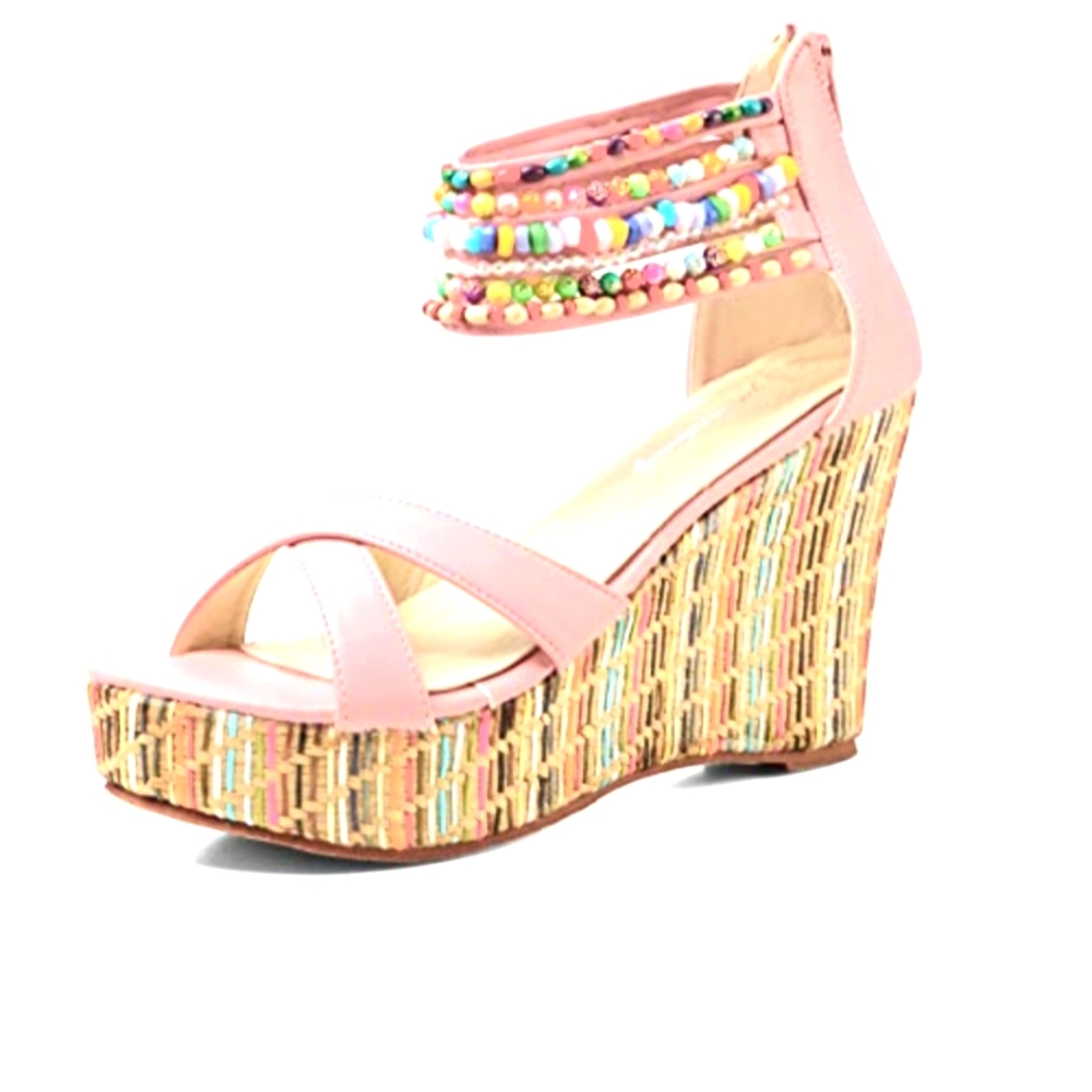 GET MORE BEAUTY STRAPPY BEADED MUTICOLOR WEDGES W/ ANKLE STRAP. ZIP BACK SIZE 7